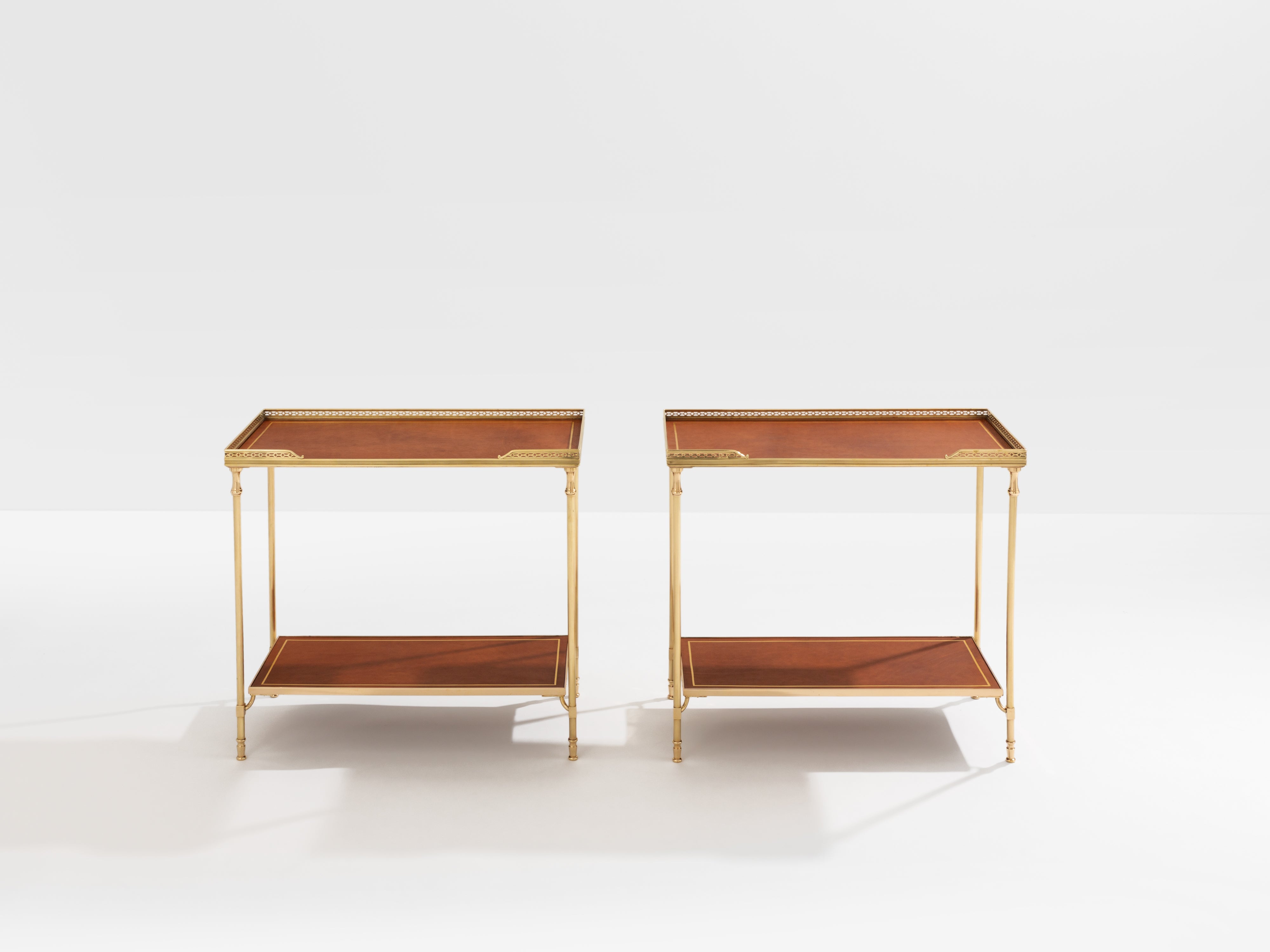 Maison Jansen pair of two-tier side tables brass brown leather 1960s