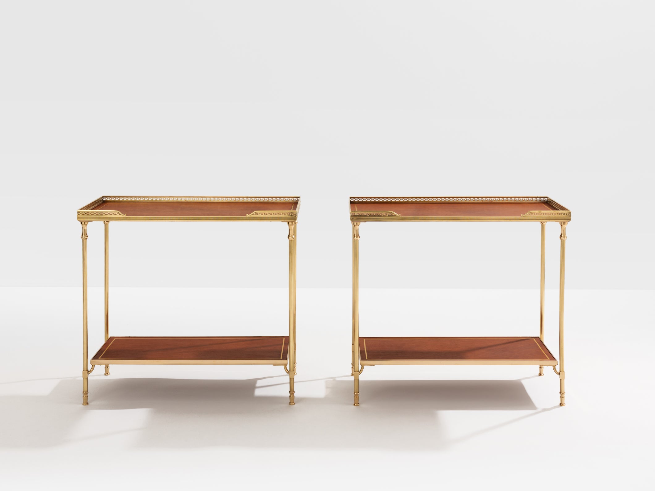 Maison Jansen pair of two-tier side tables brass brown leather 1960s