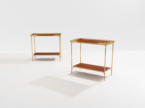 Maison Jansen pair of two-tier side tables brass brown leather 1960s