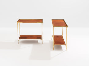 Maison Jansen pair of two-tier side tables brass brown leather 1960s