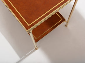 Maison Jansen pair of two-tier side tables brass brown leather 1960s
