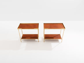 Maison Jansen pair of two-tier side tables brass brown leather 1960s