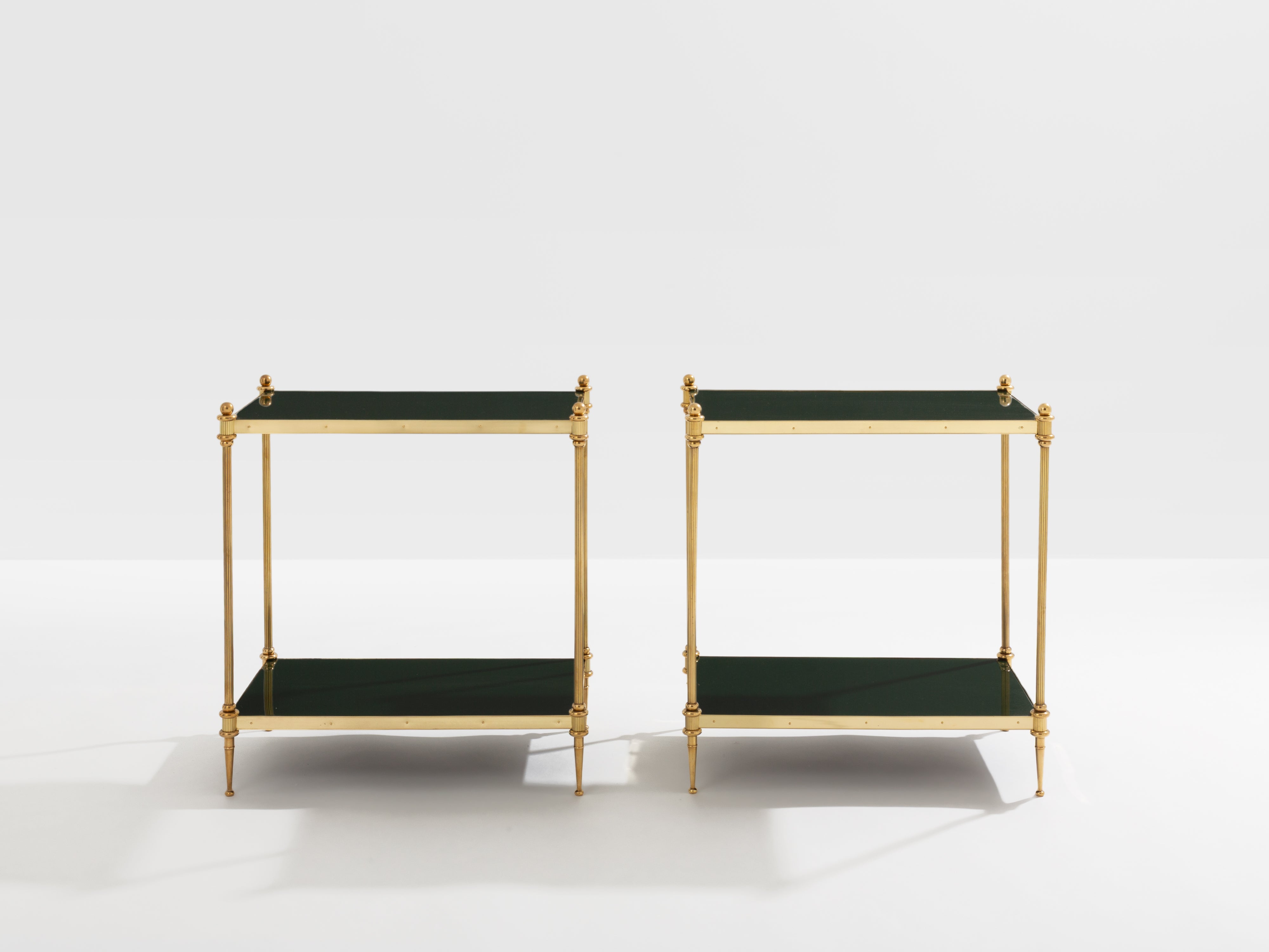 Maison Jansen pair of two-tier side tables brass green lacquer 1970s