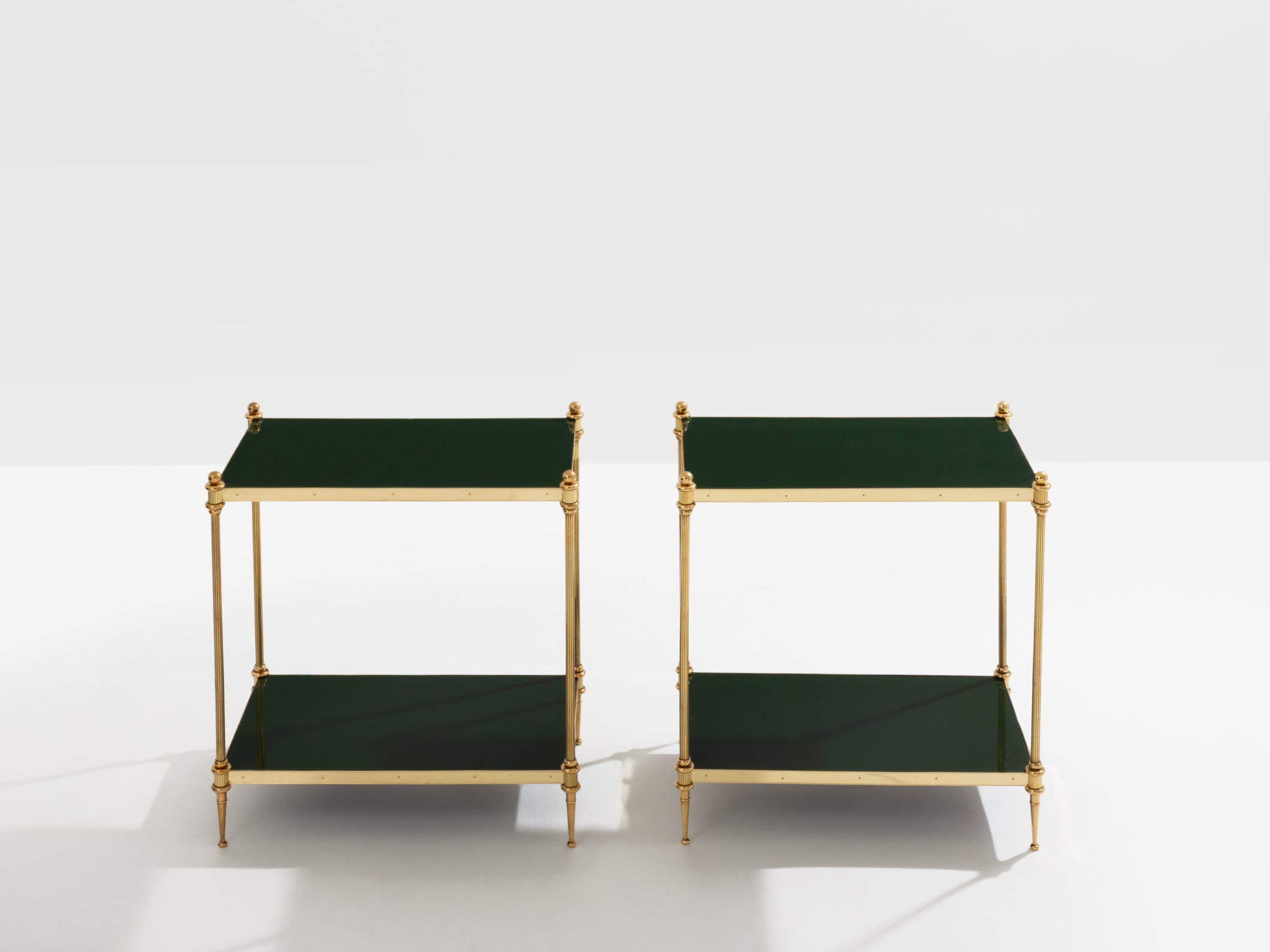 Maison Jansen pair of two-tier side tables brass green lacquer 1970s