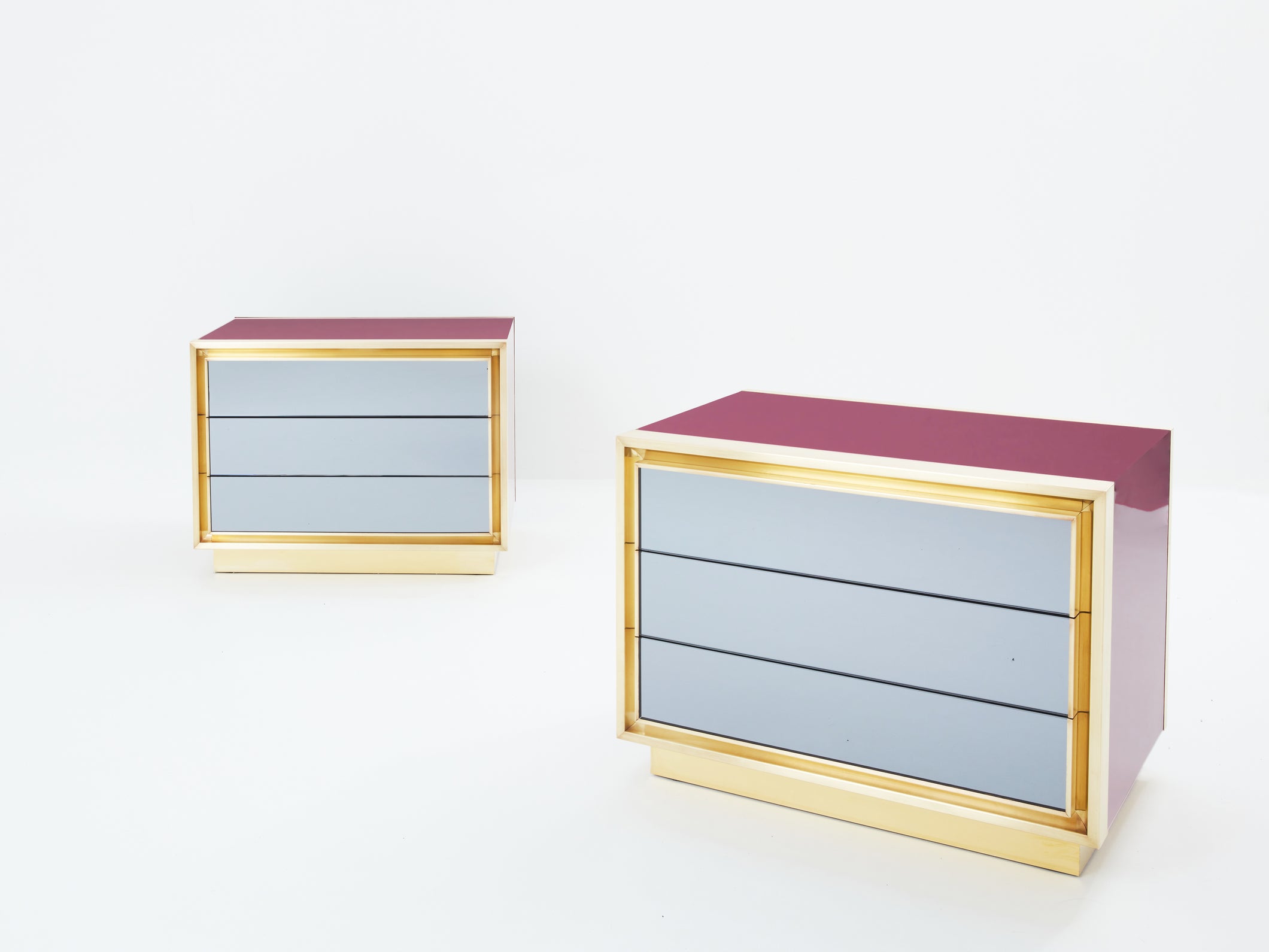 Maison Jansen raspberry lacquer brass mirrored nightstands 1970s