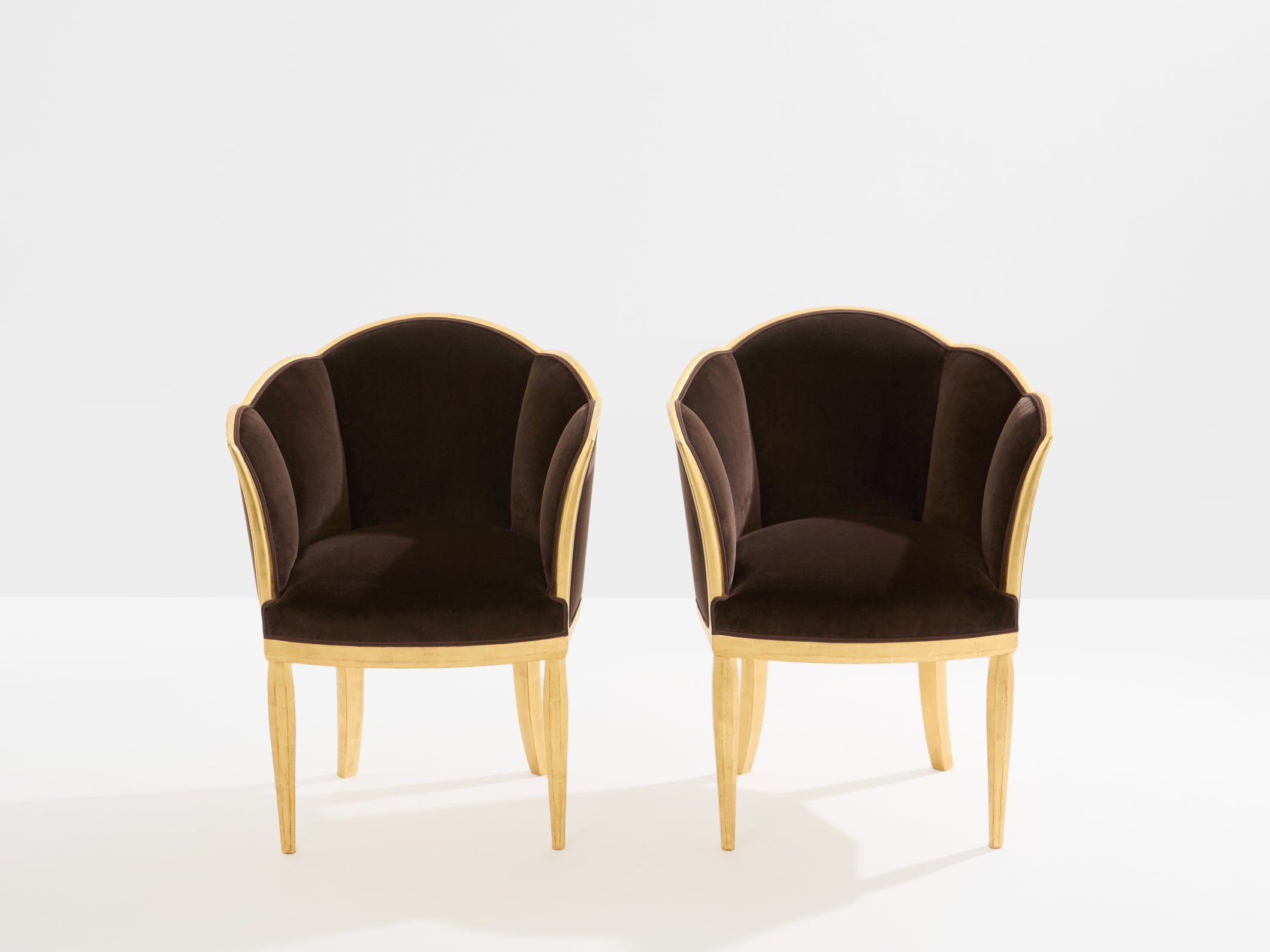 Maurice Dufrène giltwood brown velvet armchairs circa 1925