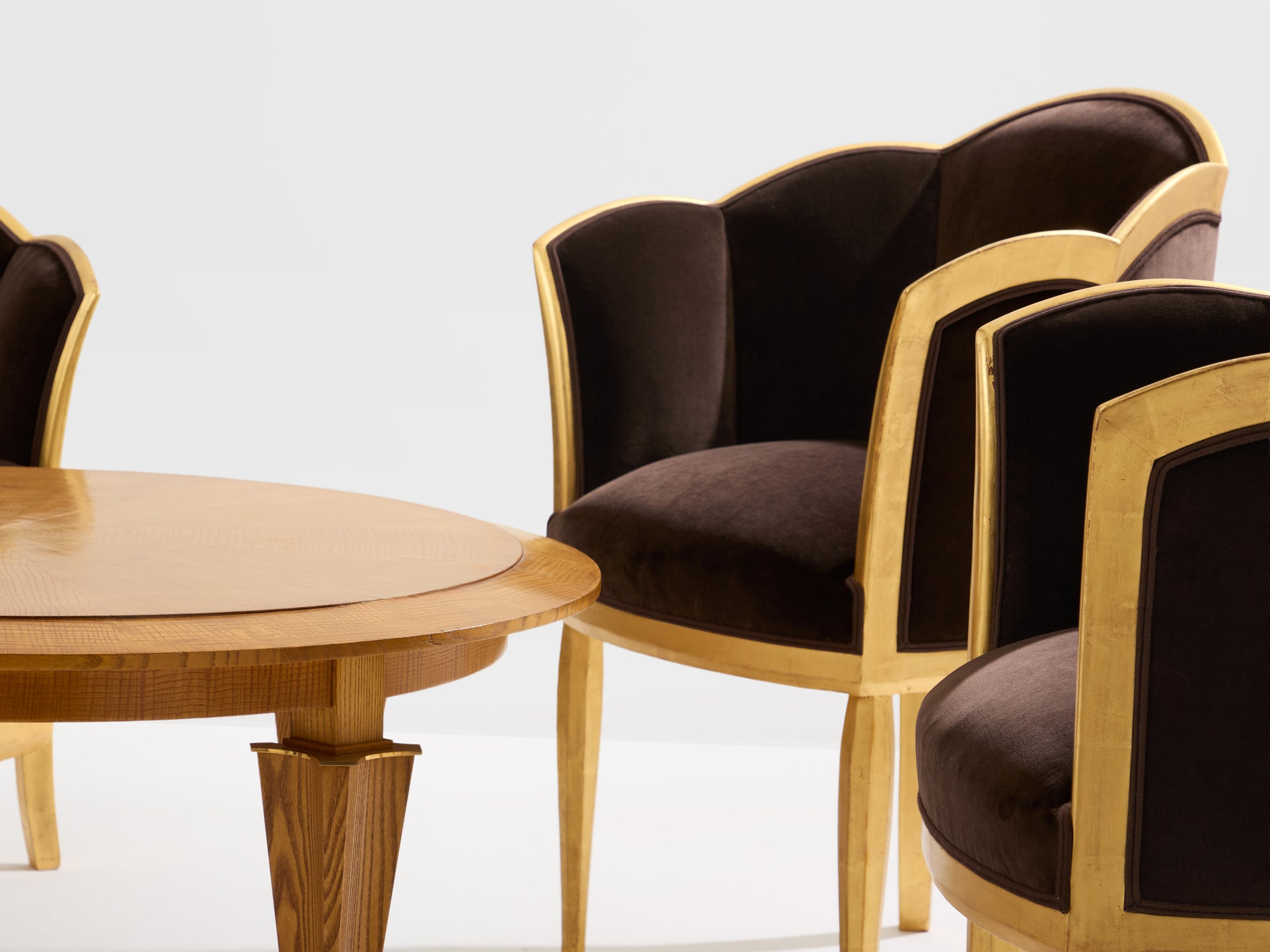 Maurice Dufrène giltwood brown velvet armchairs circa 1925