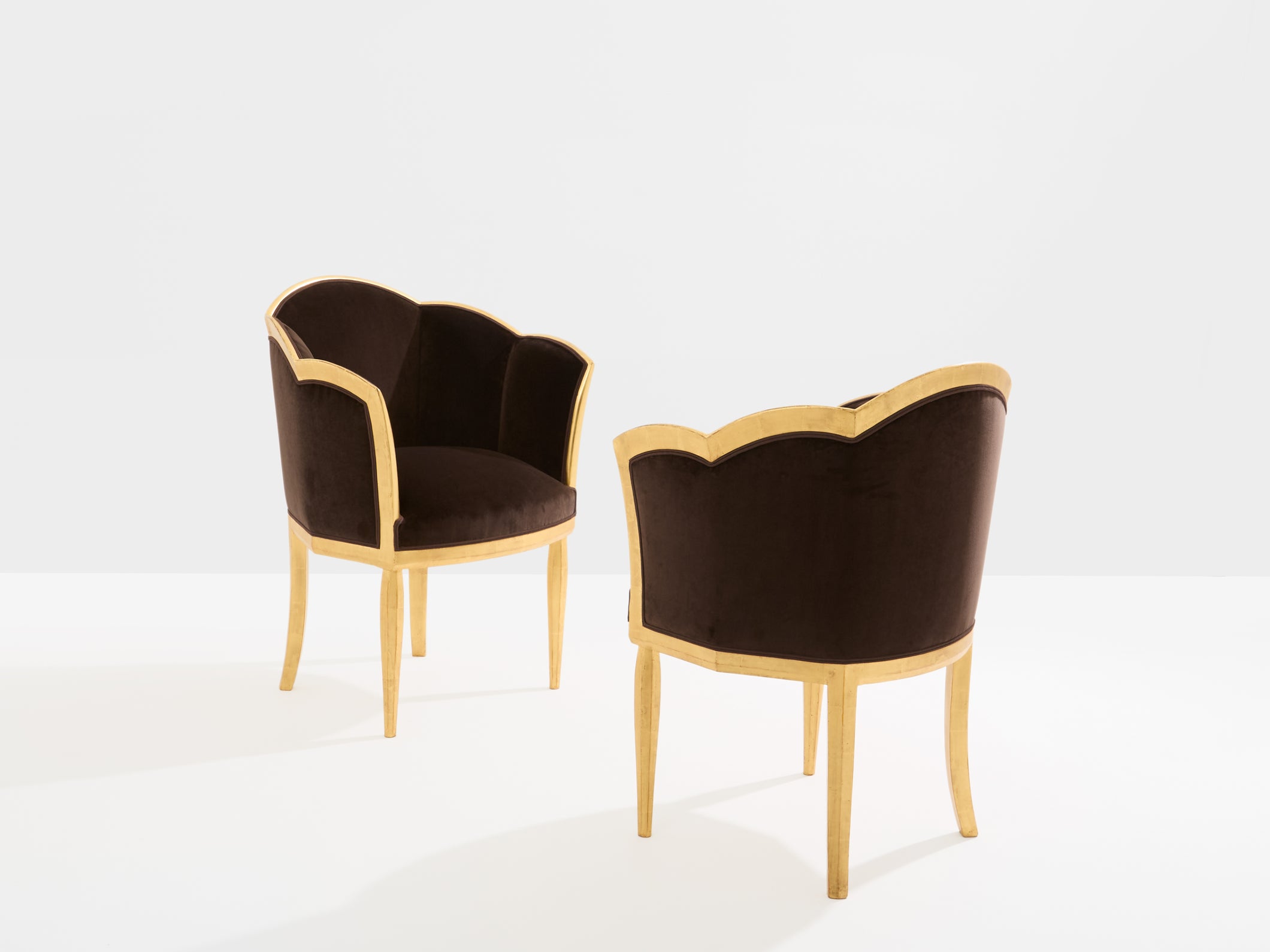 Maurice Dufrène giltwood brown velvet armchairs circa 1925