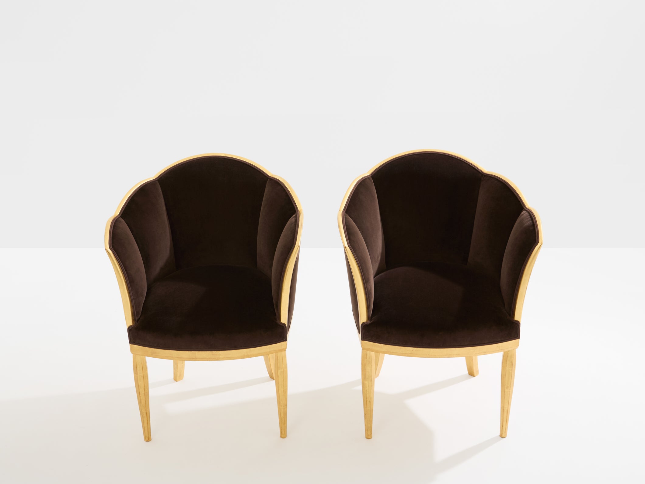 Maurice Dufrène giltwood brown velvet armchairs circa 1925