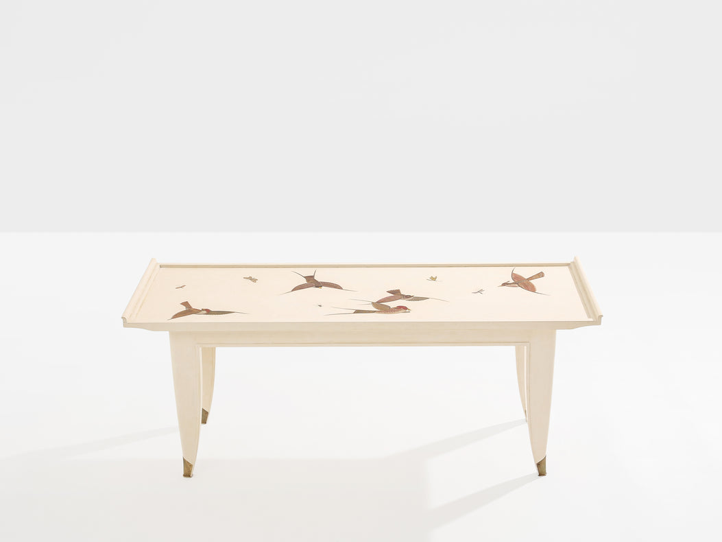 Maurice Jallot coffee table oak wood painted carved birds 1930