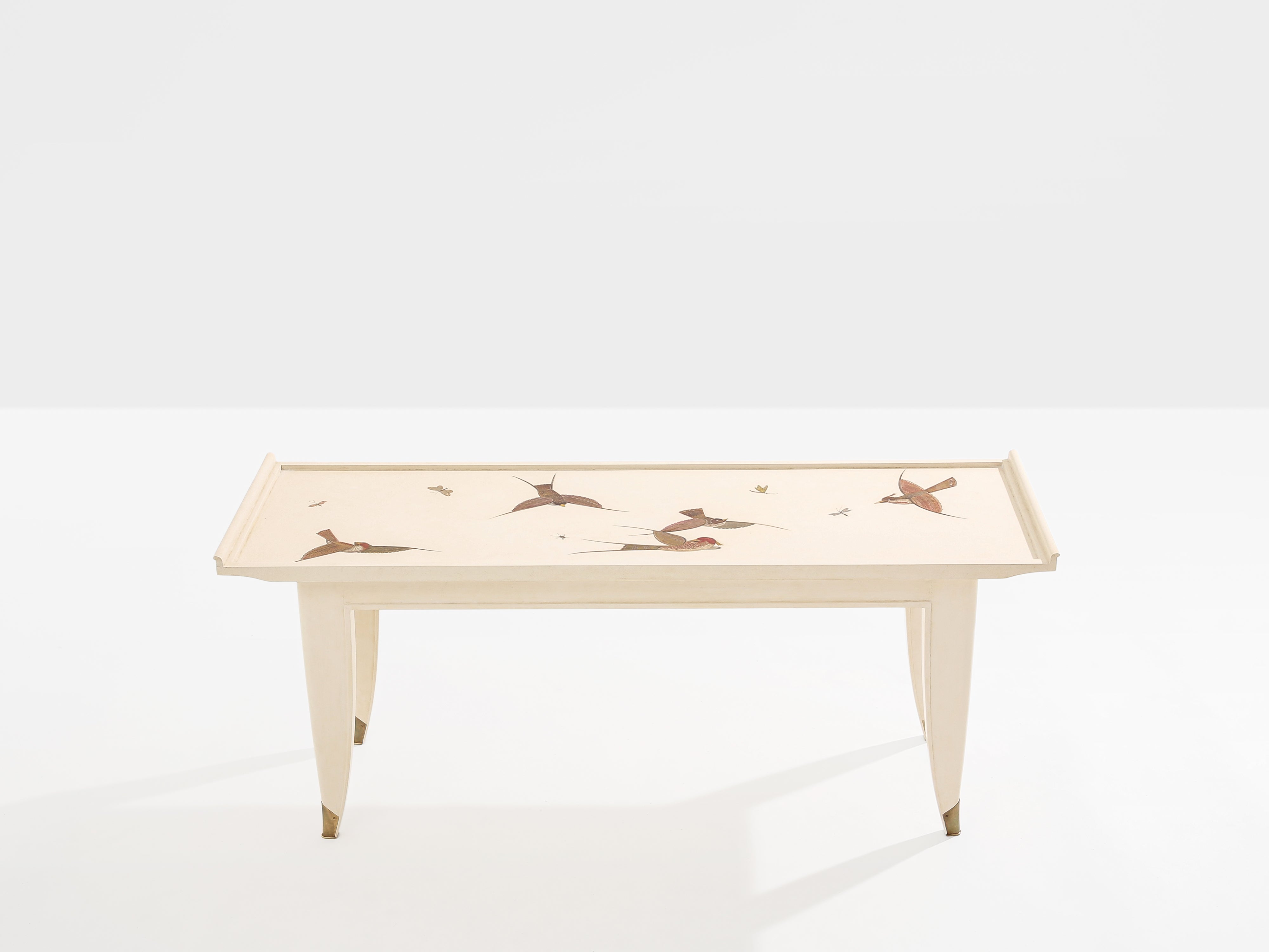 Maurice Jallot table basse chêne peint à décors d’oiseaux 1930 
