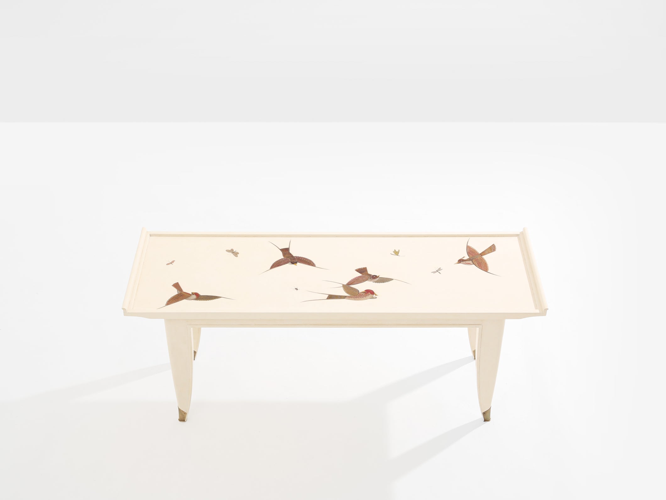 Maurice Jallot table basse chêne peint à décors d’oiseaux 1930 