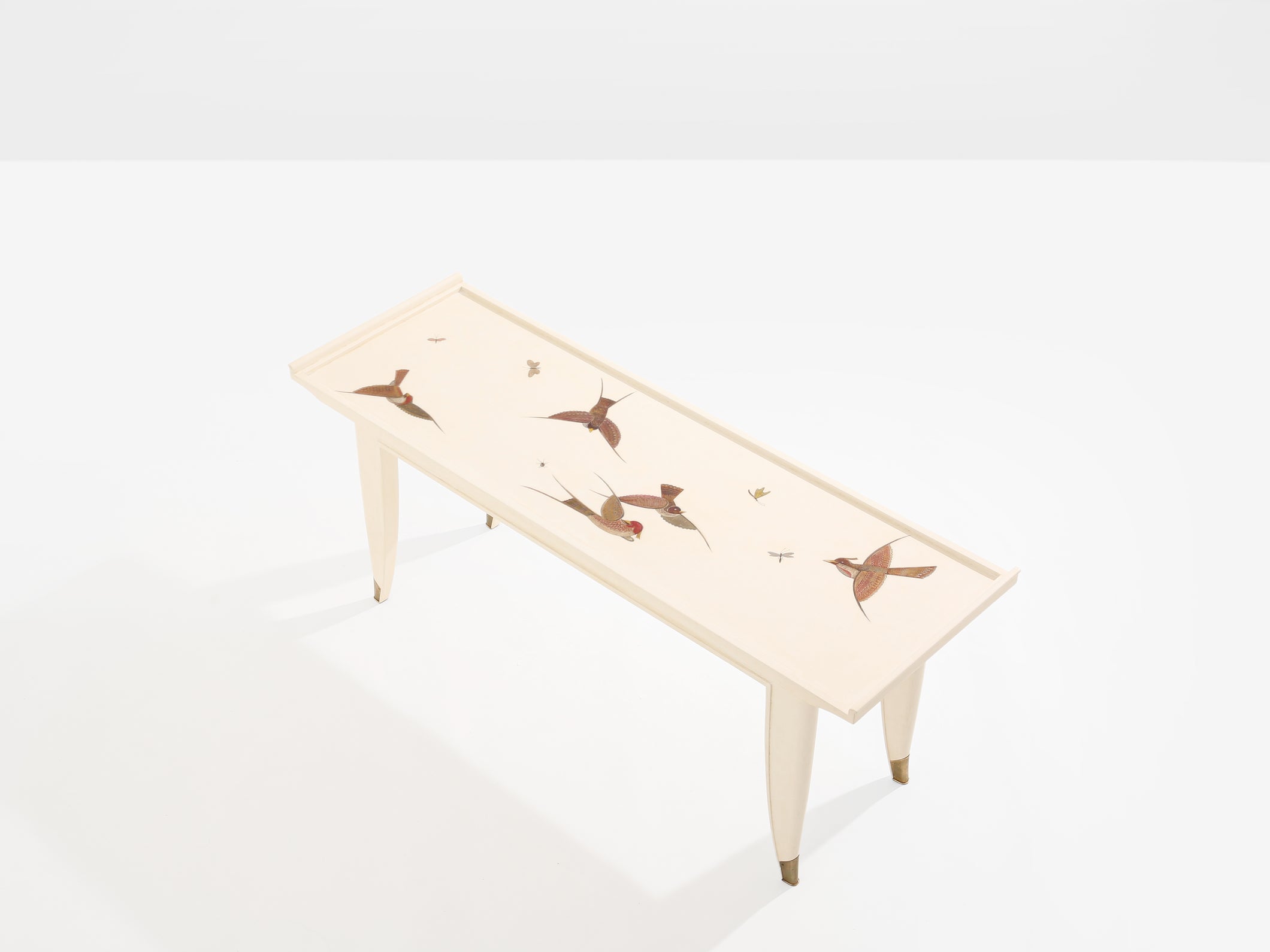 Maurice Jallot table basse chêne peint à décors d’oiseaux 1930 