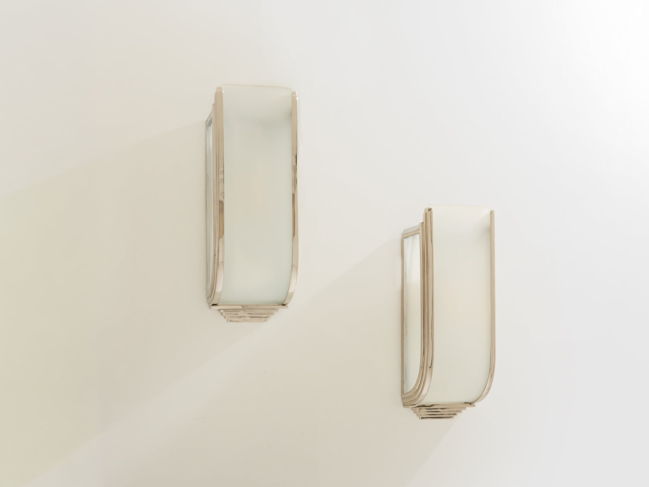 Pair of French Art Deco Modernist nickel steel opaline wall lights 1930