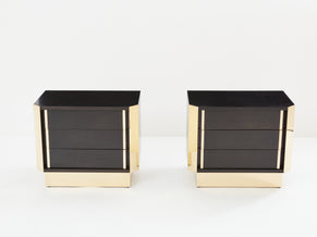 Pair of Italian nightstands ebonized oak wood and brass 1970s