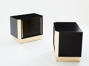 Pair of Italian nightstands ebonized oak wood and brass 1970s