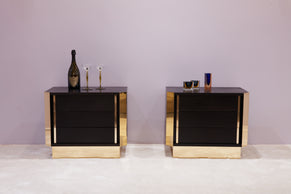 Pair of Italian nightstands ebonized oak wood and brass 1970s