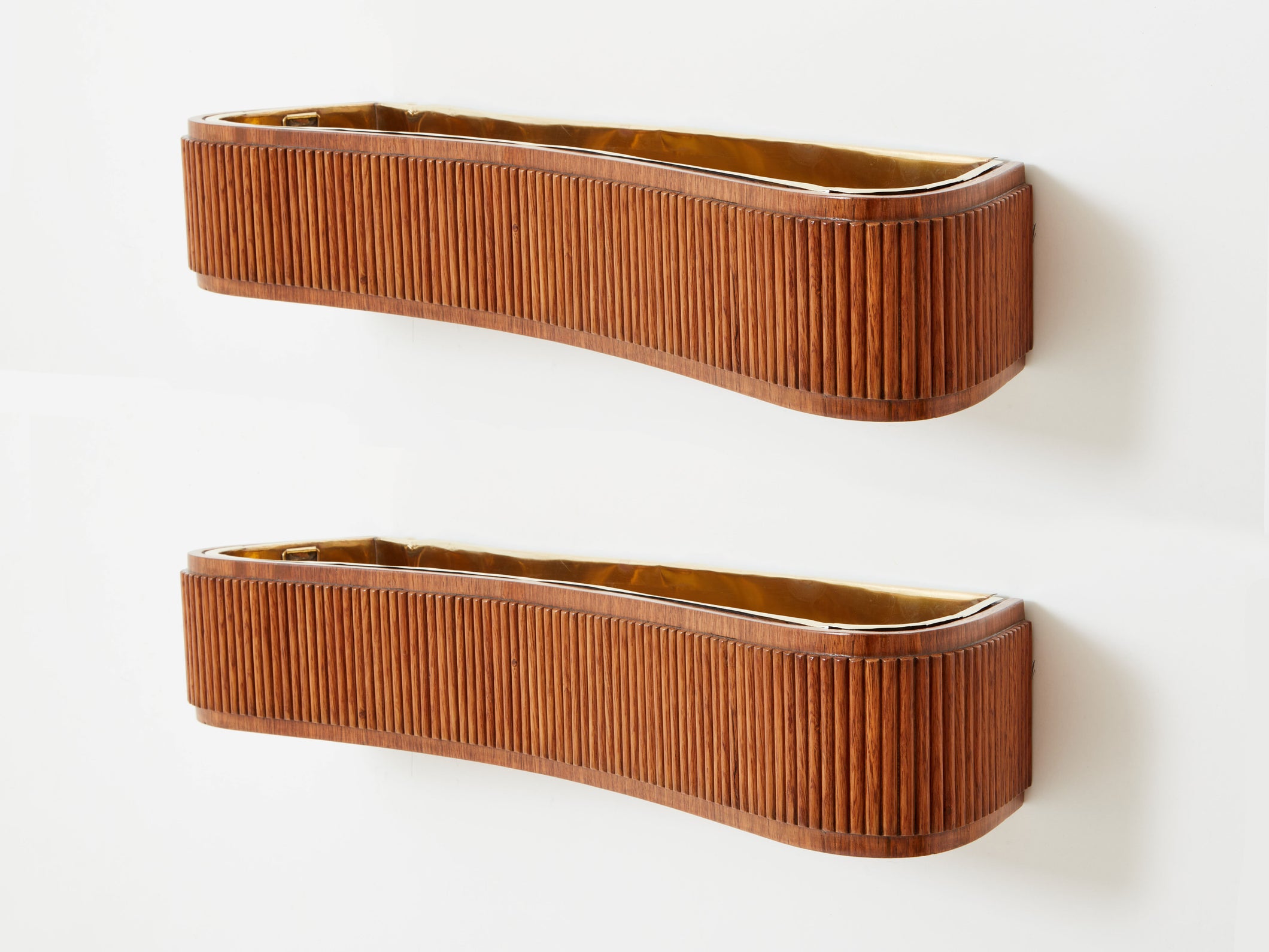 Paolo Buffa pair of carved warm elm wood brass planters 1940s