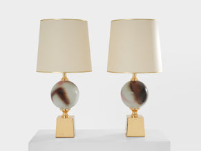 Paire de lampes céramique et laiton de Philippe Barbier 1970s 