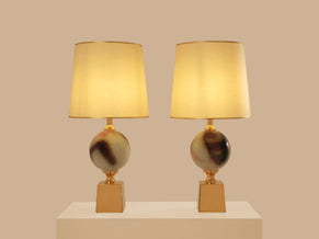 Paire de lampes céramique et laiton de Philippe Barbier 1970s 
