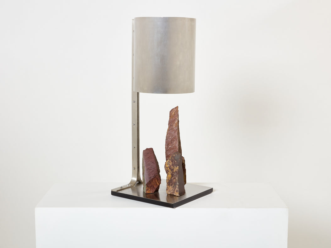 Phillipe Jean brutalist table lamp steel and red shale 1970s
