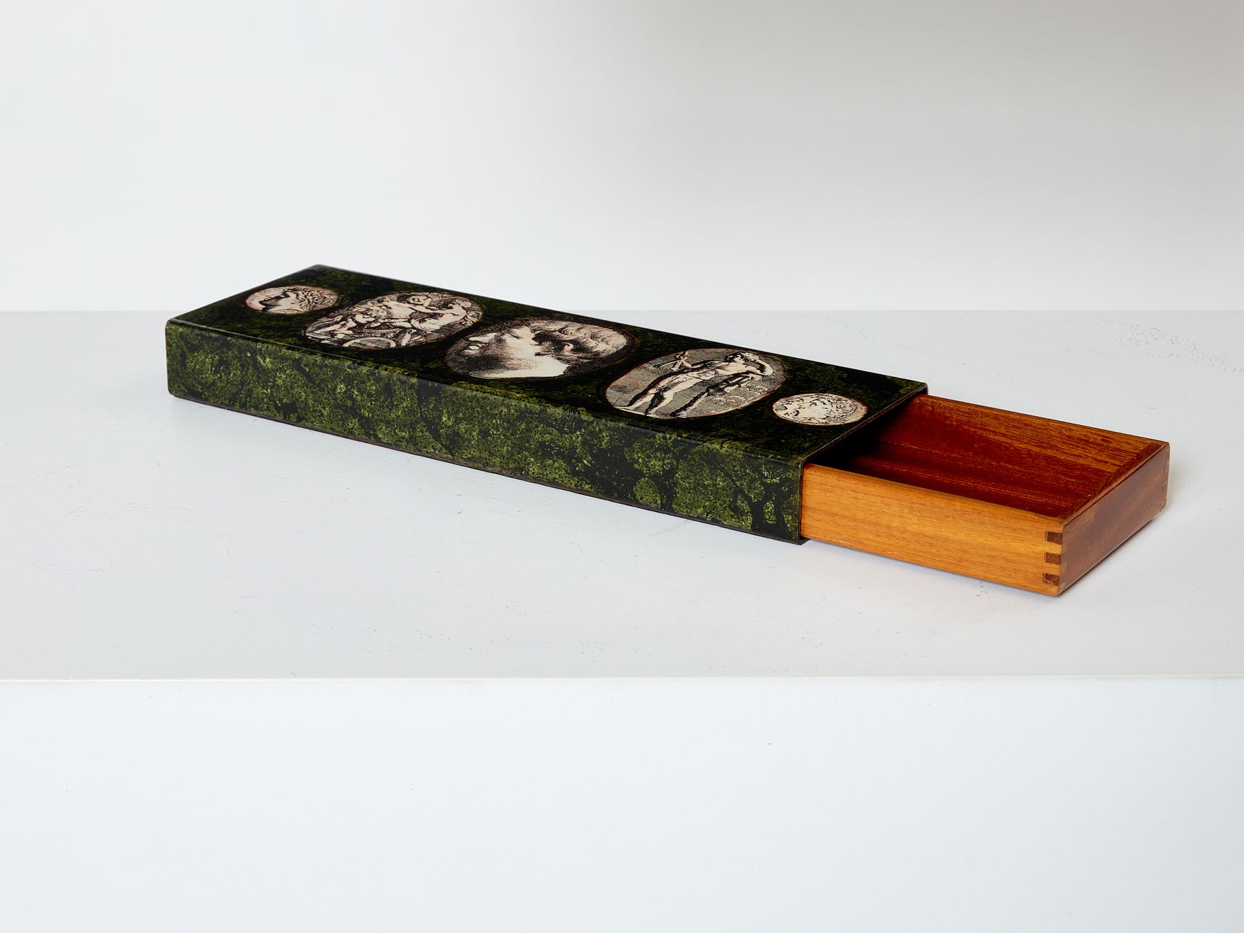 Piero Fornasetti enameled metal and mahogany box 1950