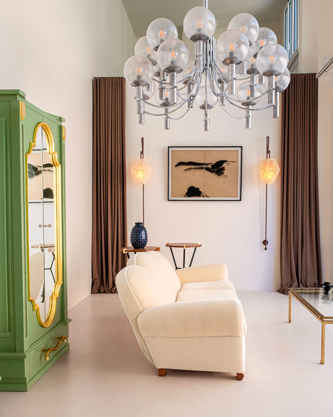 Pair of unique Veronese chandeliers 65 inches steel Murano glass 1970