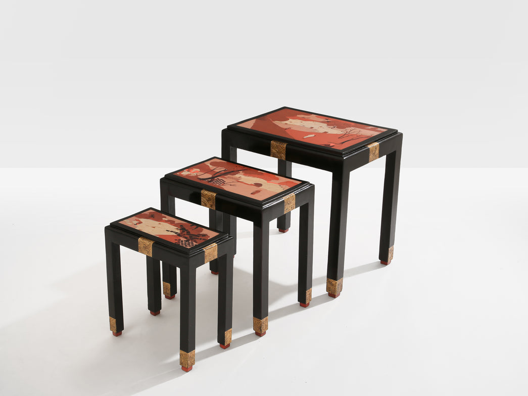 Set of three nesting tables asian decor ebonized and gilt wood 1920s