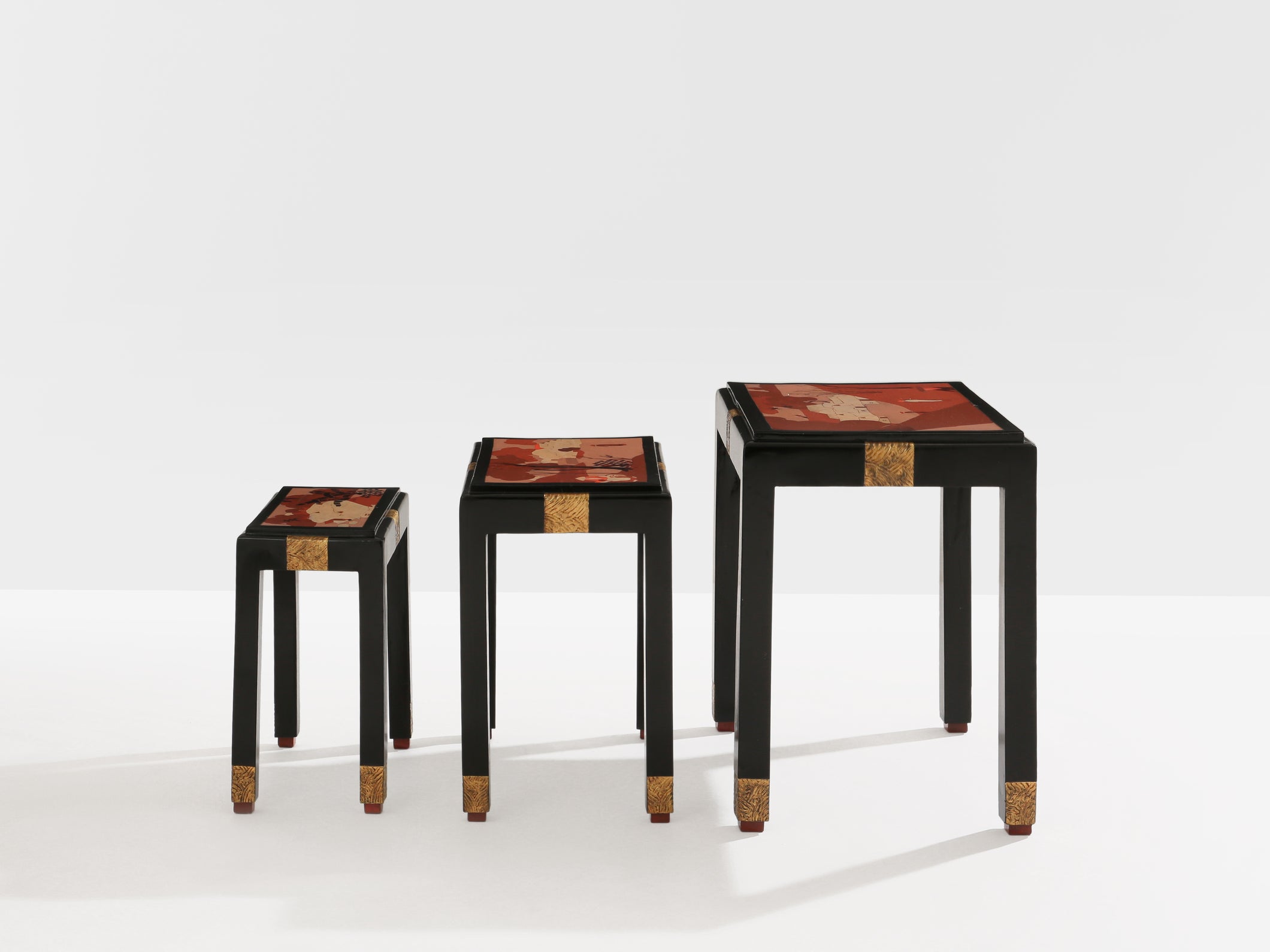 Set of three nesting tables asian decor ebonized and gilt wood 1920s