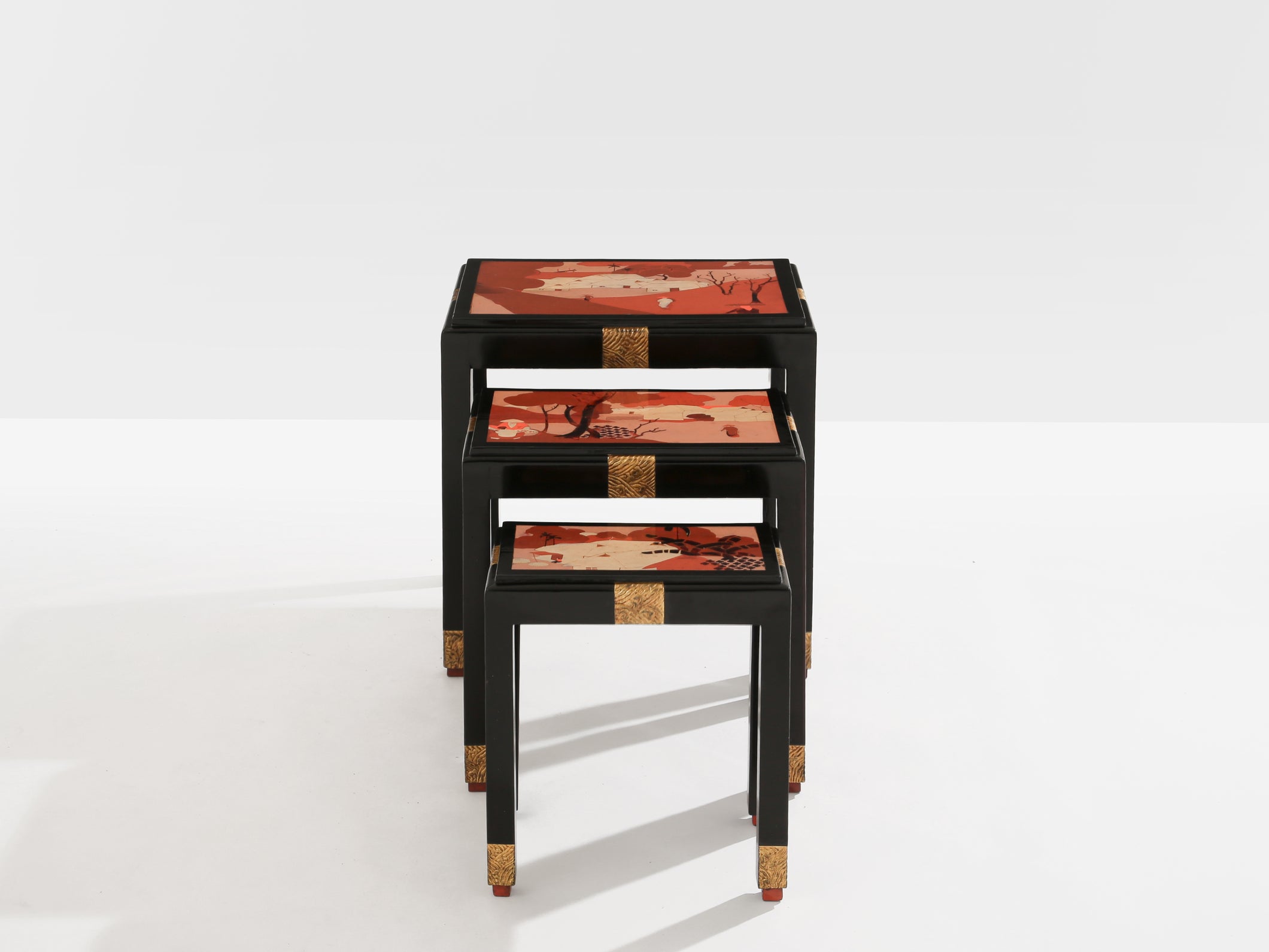 Set of three nesting tables asian decor ebonized and gilt wood 1920s