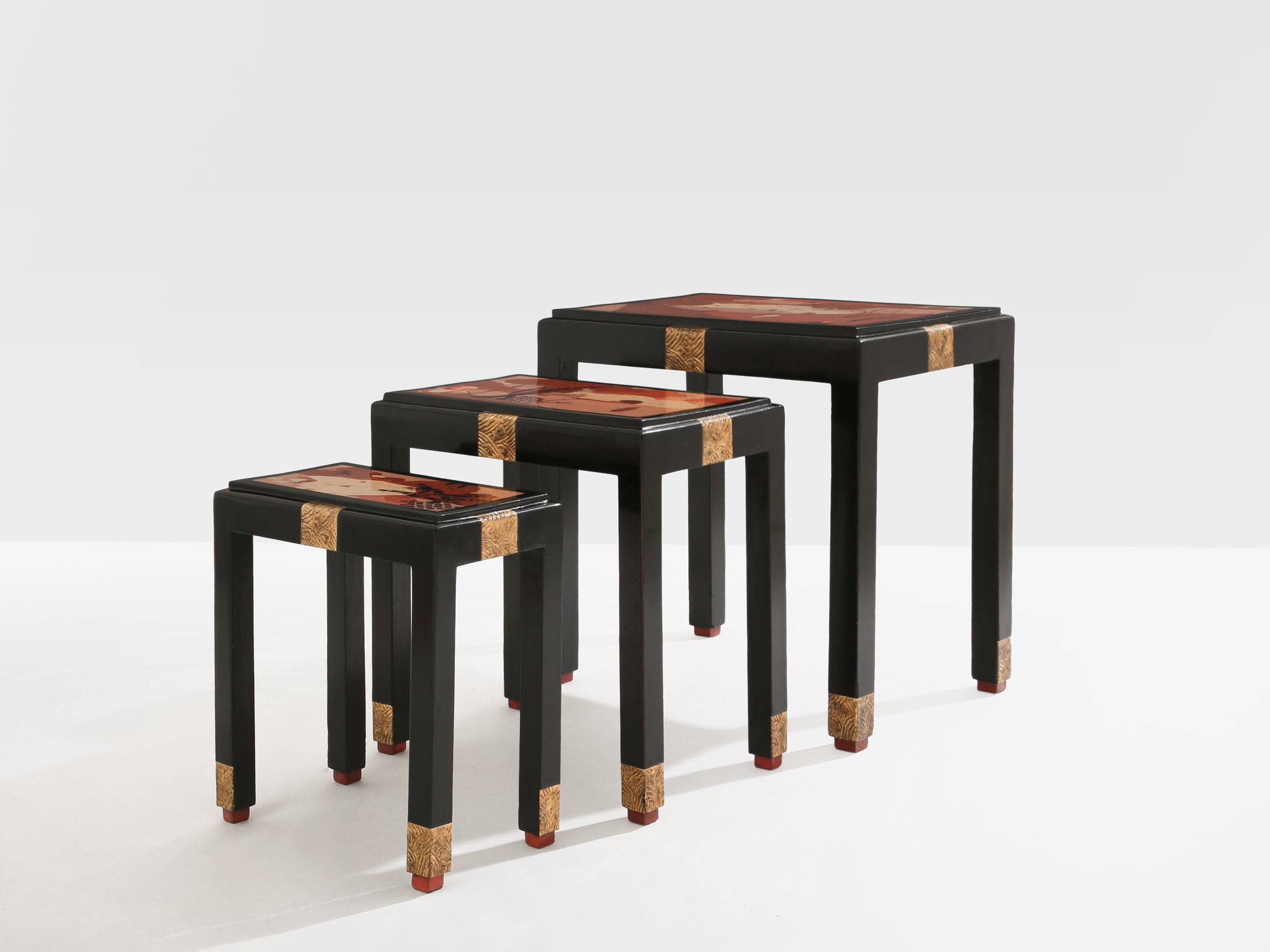 Set of three nesting tables asian decor ebonized and gilt wood 1920s