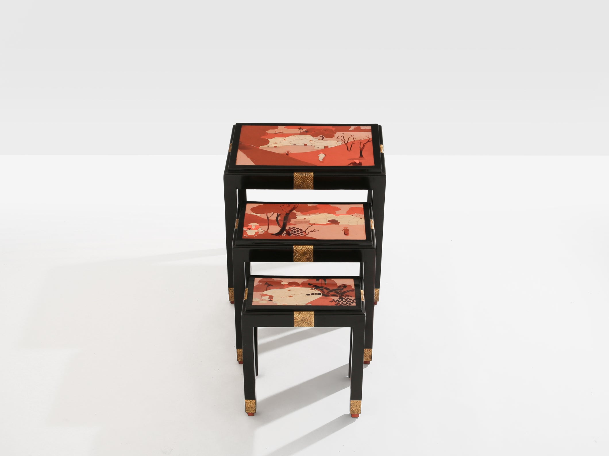 Set of three nesting tables asian decor ebonized and gilt wood 1920s