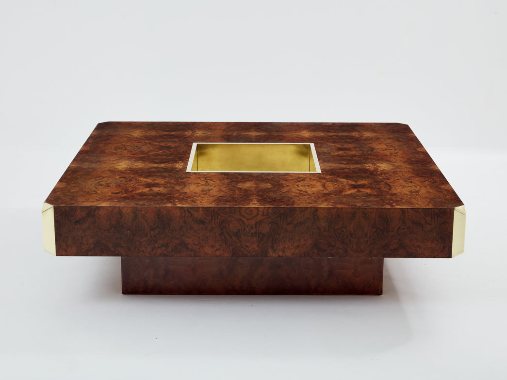 Table basse de Willy Rizzo modèle Alveo carrée loupe laiton 1970 