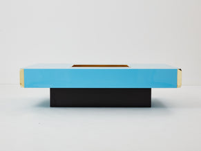 Table basse de Willy Rizzo modèle Alveo laquée bleue laiton 1970 