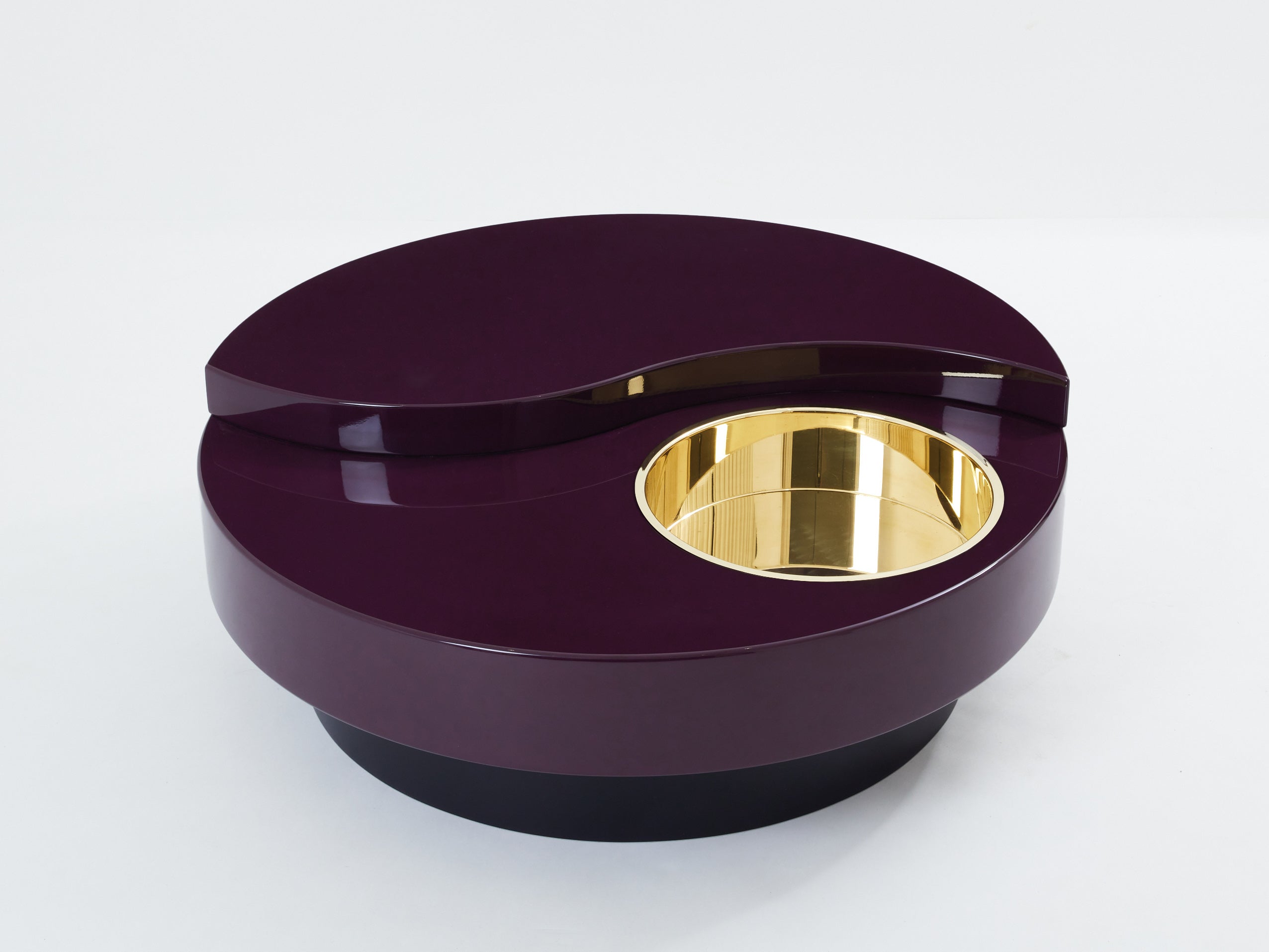 Willy Rizzo eggplant lacquer brass bar swivel coffee table TRG 1970s