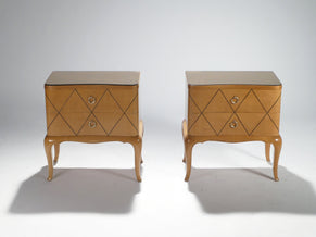 Mid-century René Prou sycamore brass nightstands side tables 1940s
