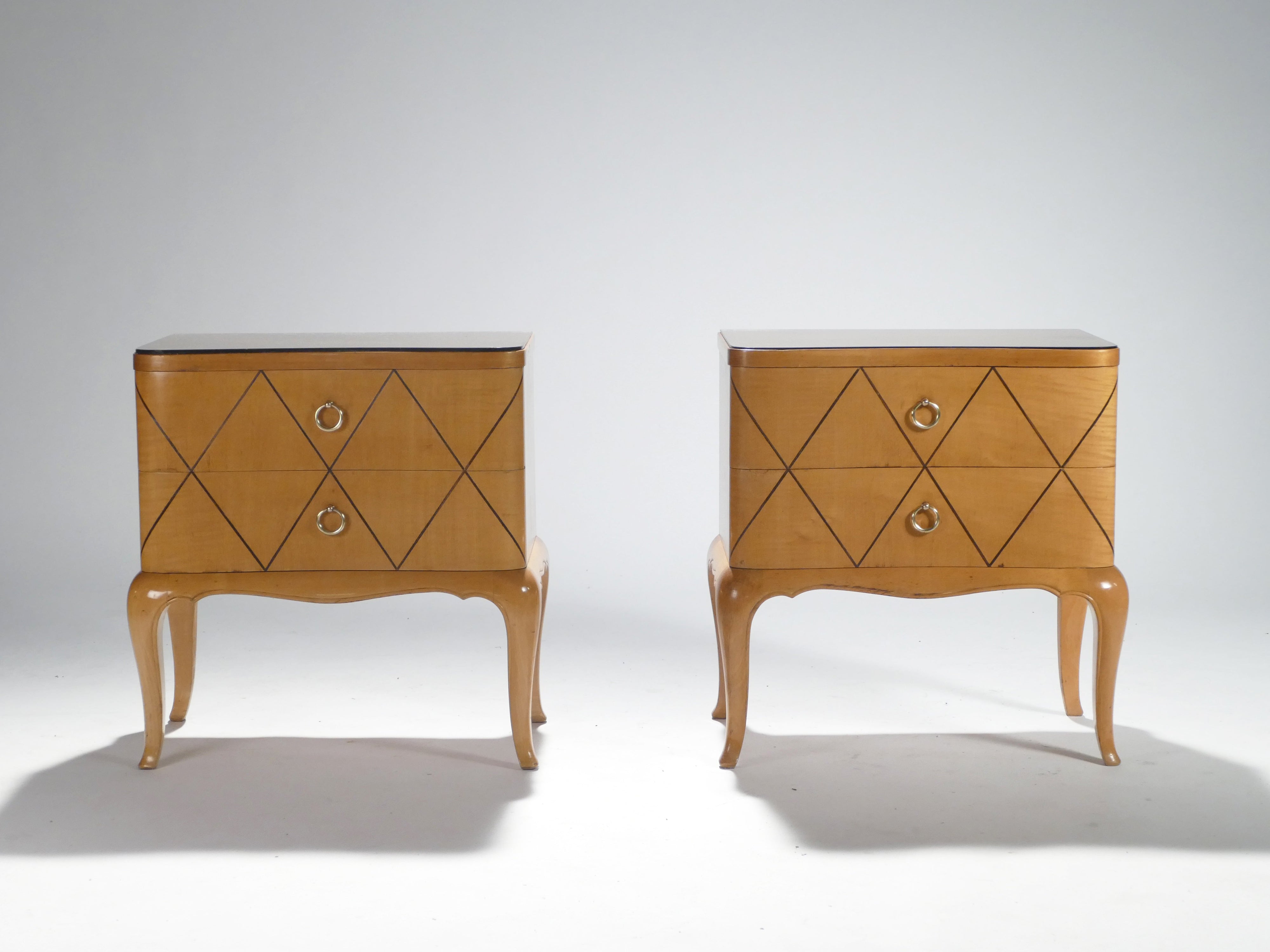 Mid-century René Prou sycamore brass nightstands side tables 1940s
