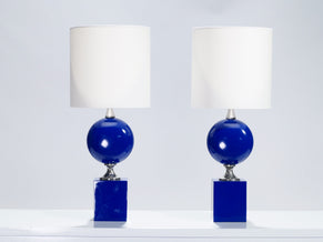 Pair of blue lacquered metal lamps by Philippe Barbier 1970’s