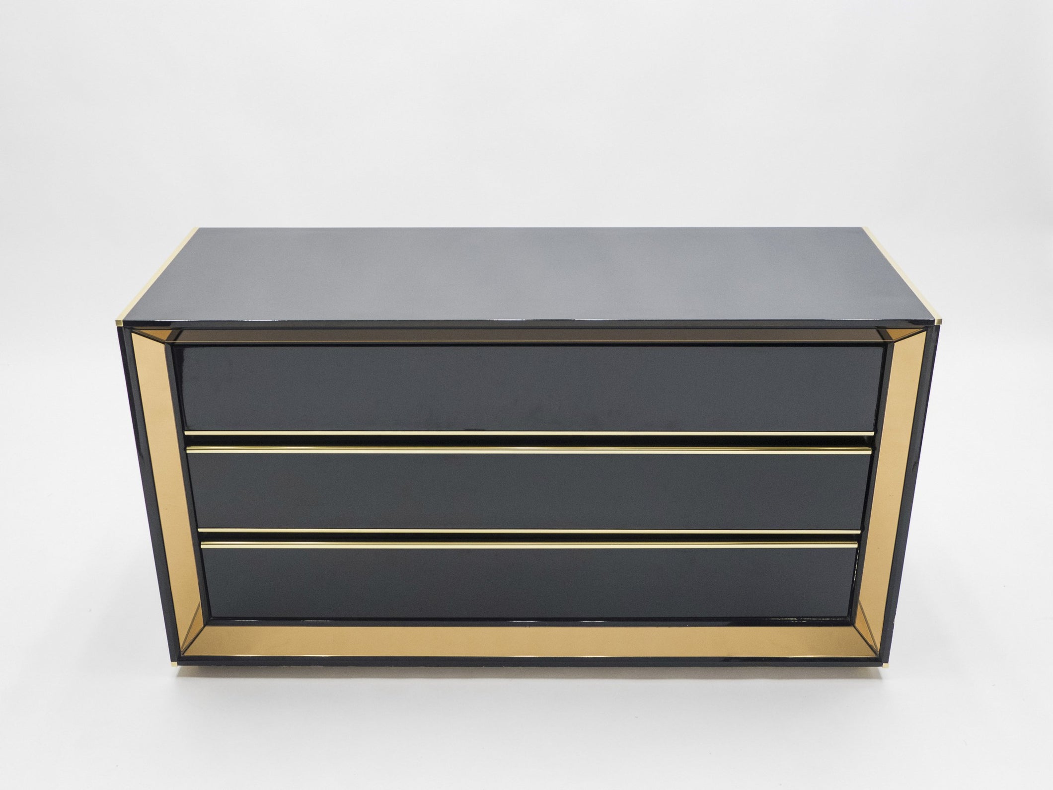 Large Italian Sandro Petti black lacquered brass mirrored chest of drawers 1970s