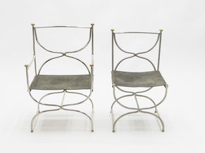 Rare set de 10 chaises acier laiton cuir de la Maison Jansen 1960
