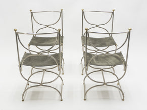 Rare set de 10 chaises acier laiton cuir de la Maison Jansen 1960