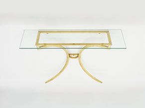 Rare Roger Thibier gilt wrought iron gold leaf console table with mirror 1960s