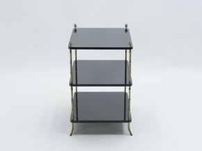 Pair of French Maison Baguès brass black lacquer three-tier side tables 1950s