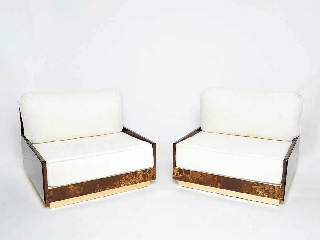 Rare golden lacquer and brass Maison Jansen bouclé armchairs 1970s