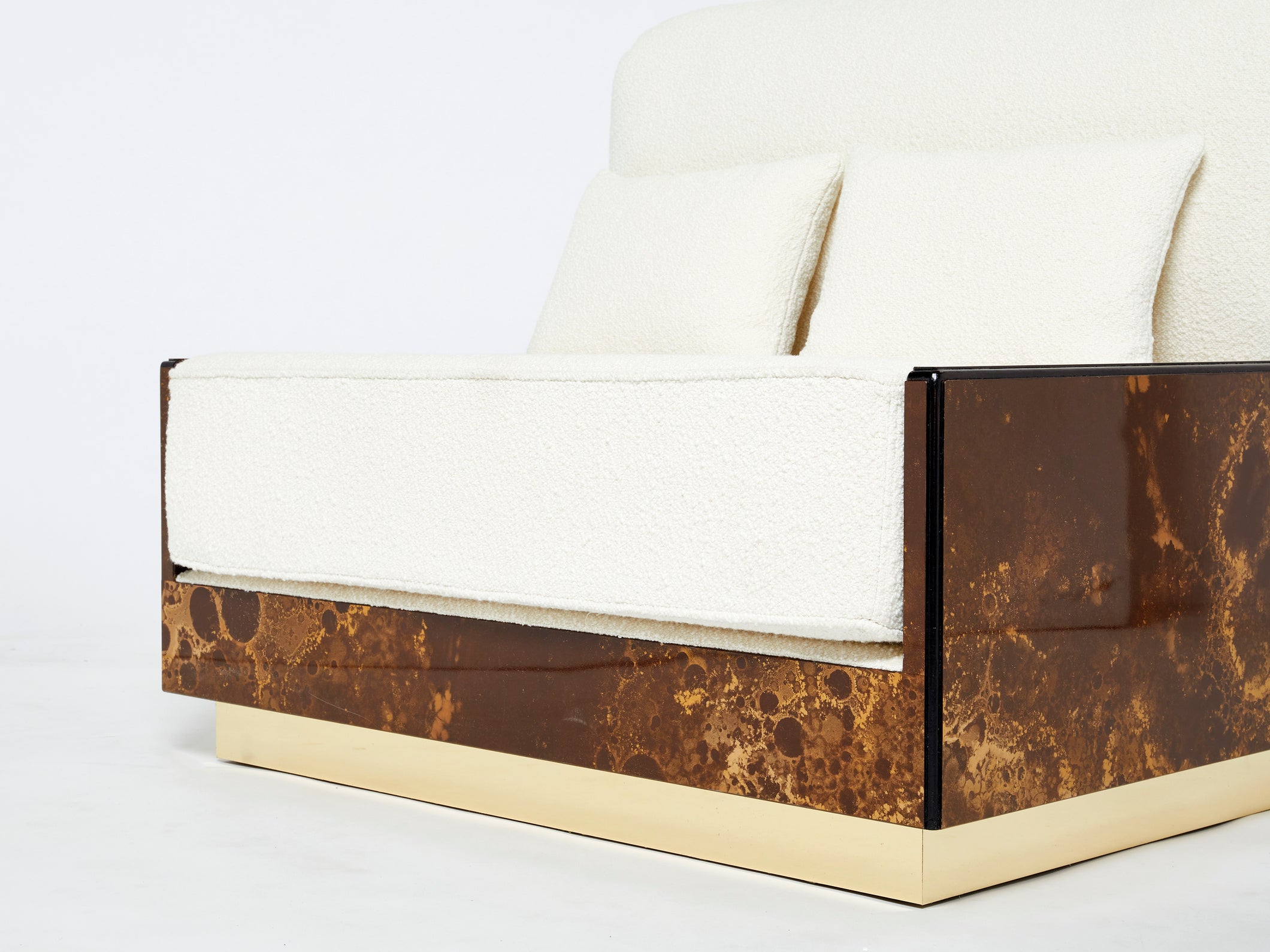 Rare golden lacquer and brass Maison Jansen bouclé armchairs 1970s