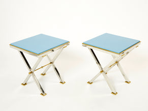 Pair of Jean Charles lacquered chrome brass end tables 1970s