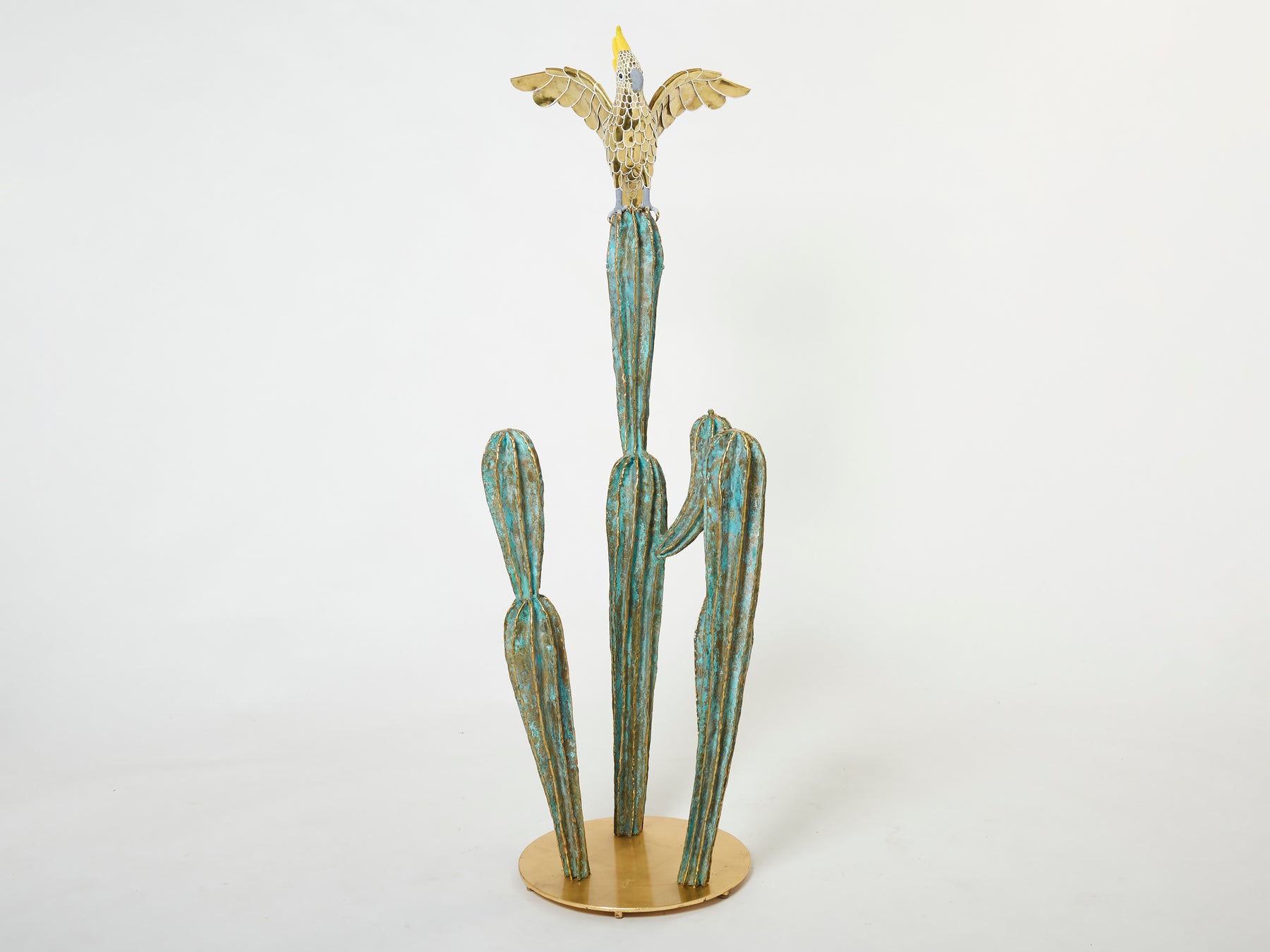 Console unique laiton cactus et perroquet par Alain Chervet 1989