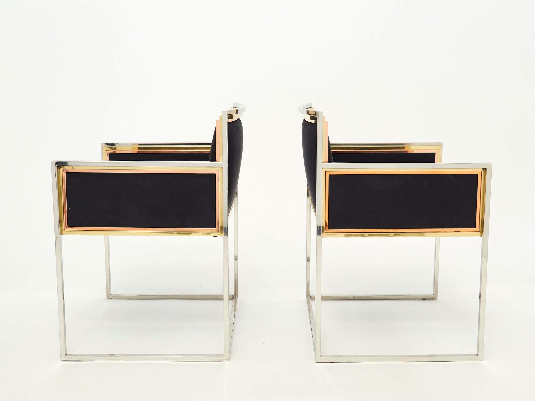 Alain Delon for Maison Jansen armchairs brass chrome copper alcantara 1972.