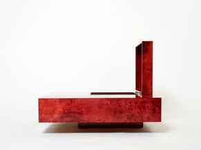 Grande table basse bar Aldo Tura en parchemin rouge et acier 1960