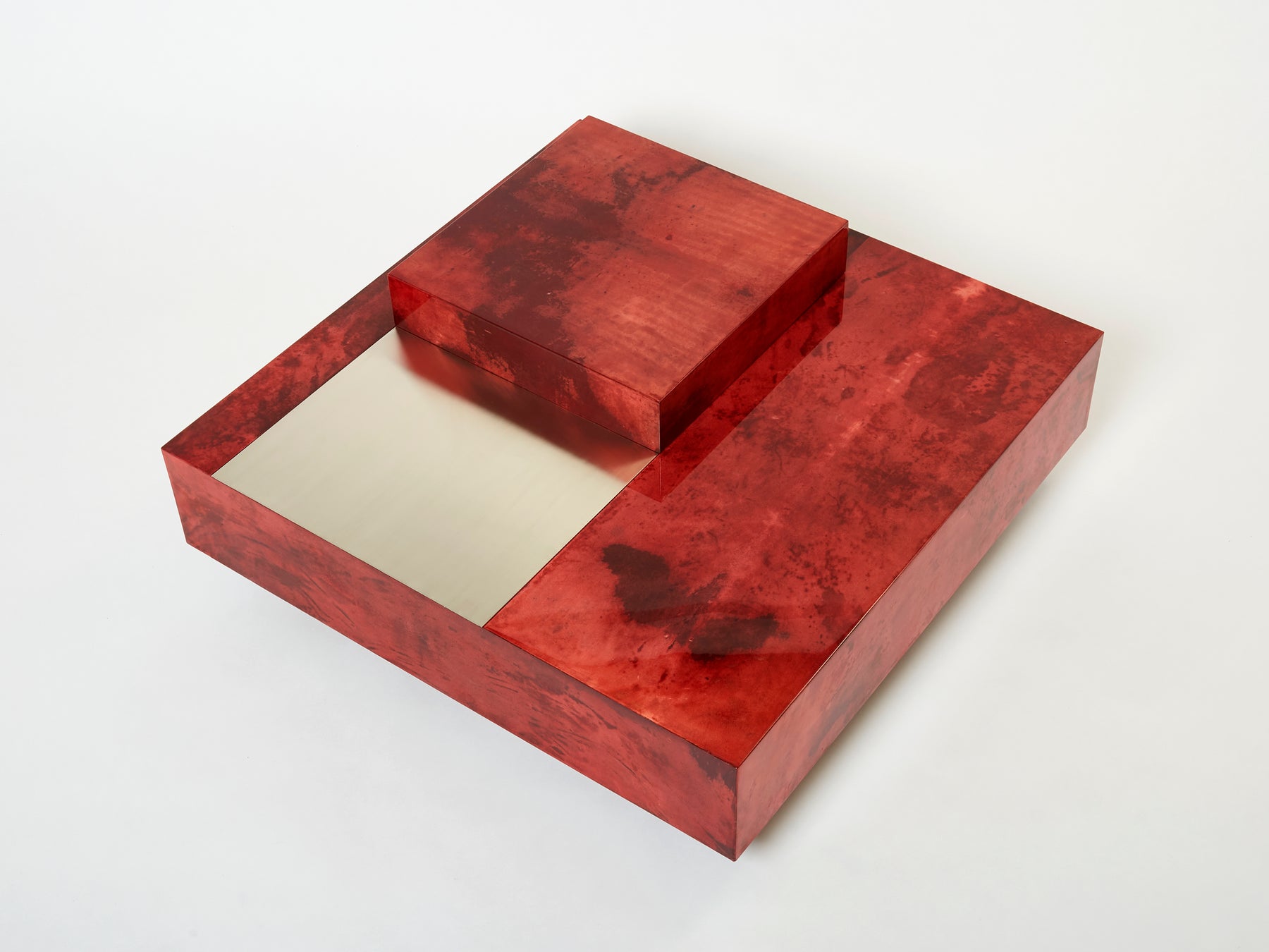 Aldo Tura red goatskin parchment steel bar coffee table 1960